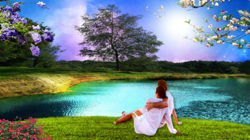 Couple Sitting by Lake — Green, Serene, Afternoon