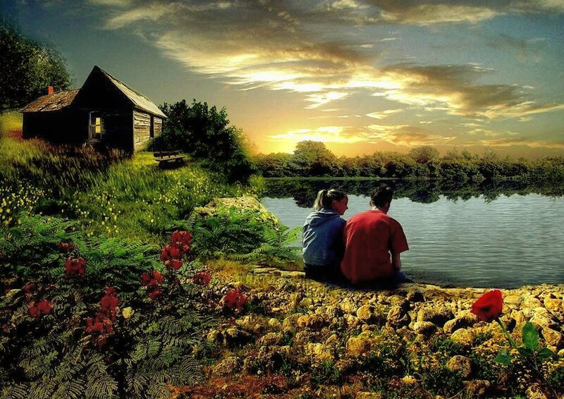 Couple Sitting by Lake — Green, Serene, Sunset