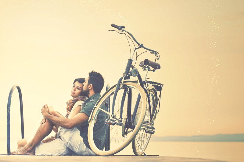 Couple Sitting on Dock — Beige