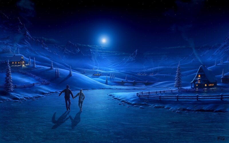 Couple skating on a frozen lake