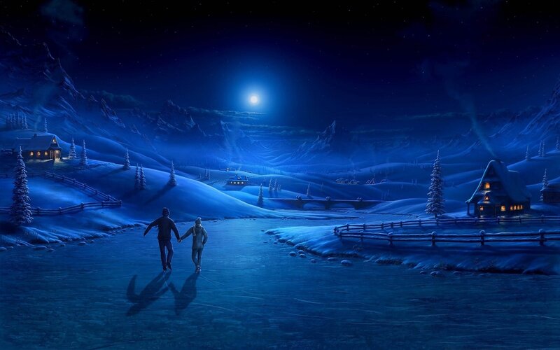 Couple skating on frozen lake
