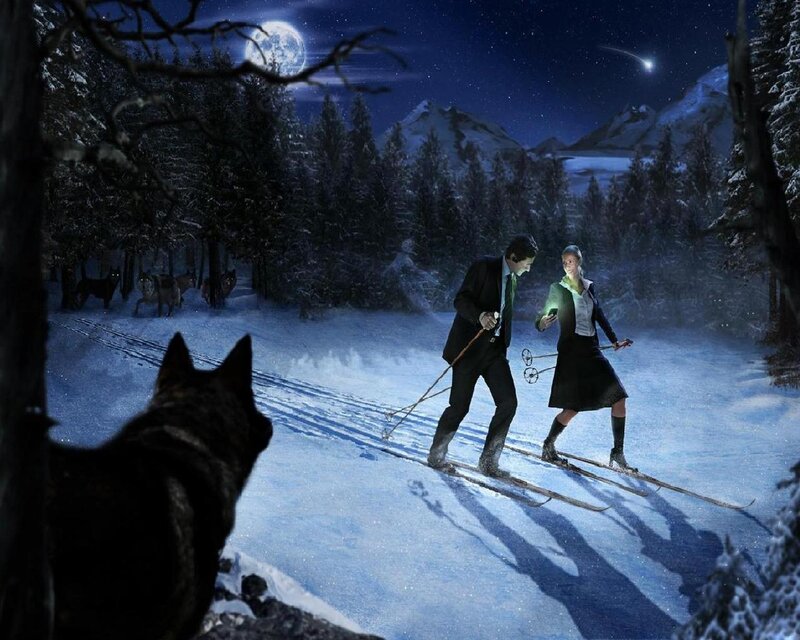 Couple Skiing at Night