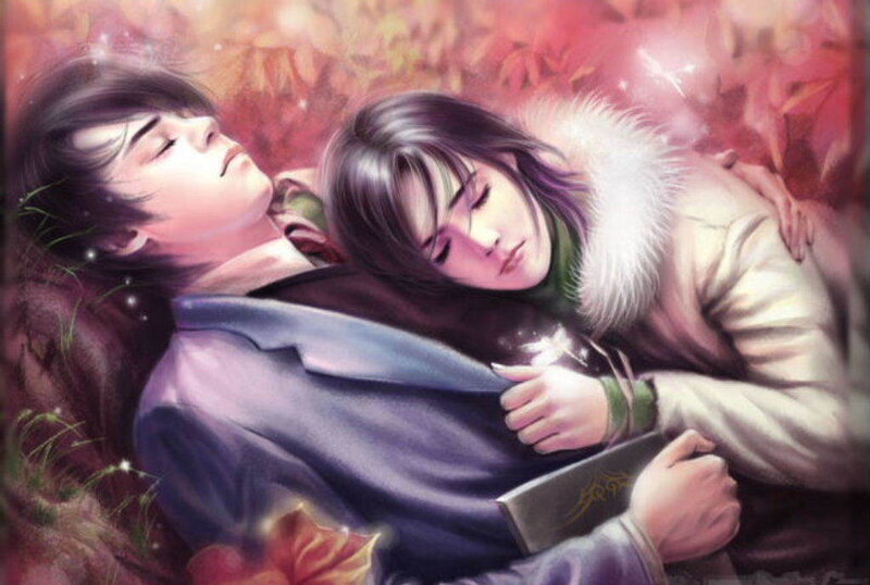 couple sleeping in autumn leaves