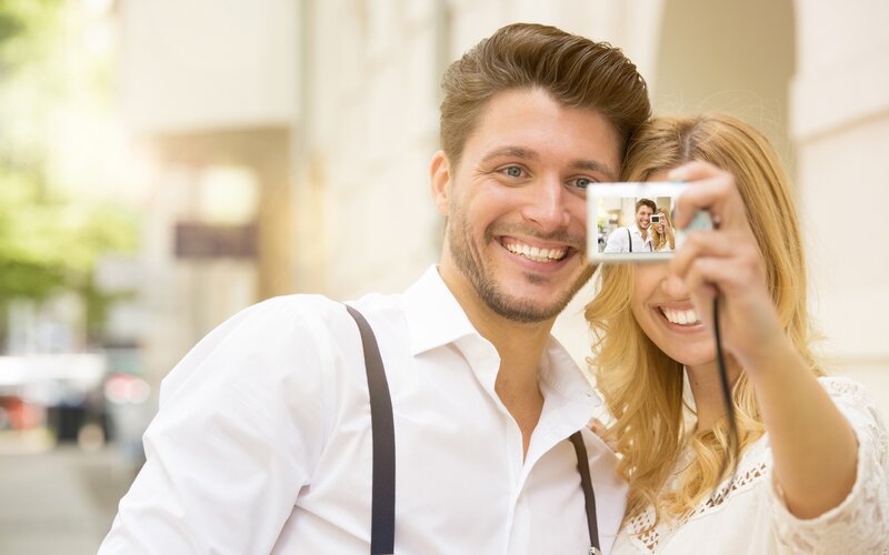 Couple Taking Selfie — White, Happy