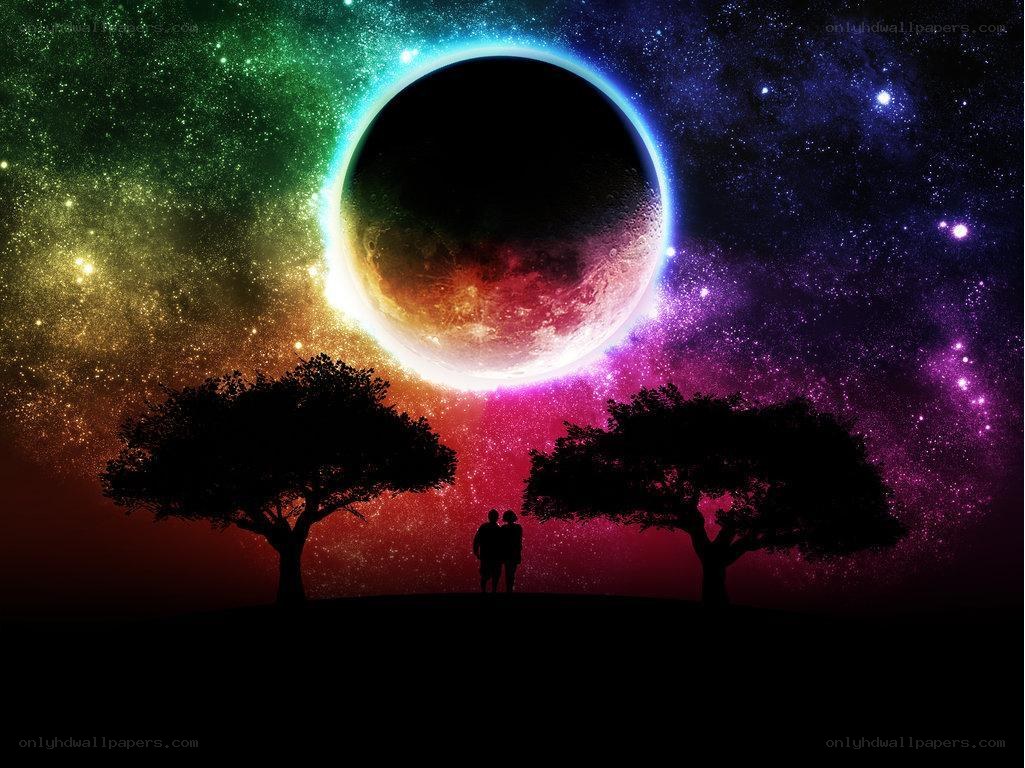 Couple under a colorful eclipse