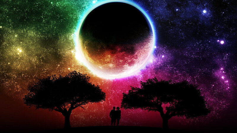Couple under a colorful planet