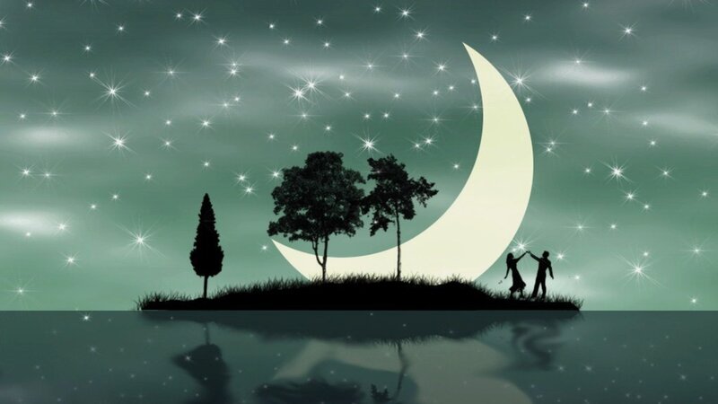 Couple under a crescent moon