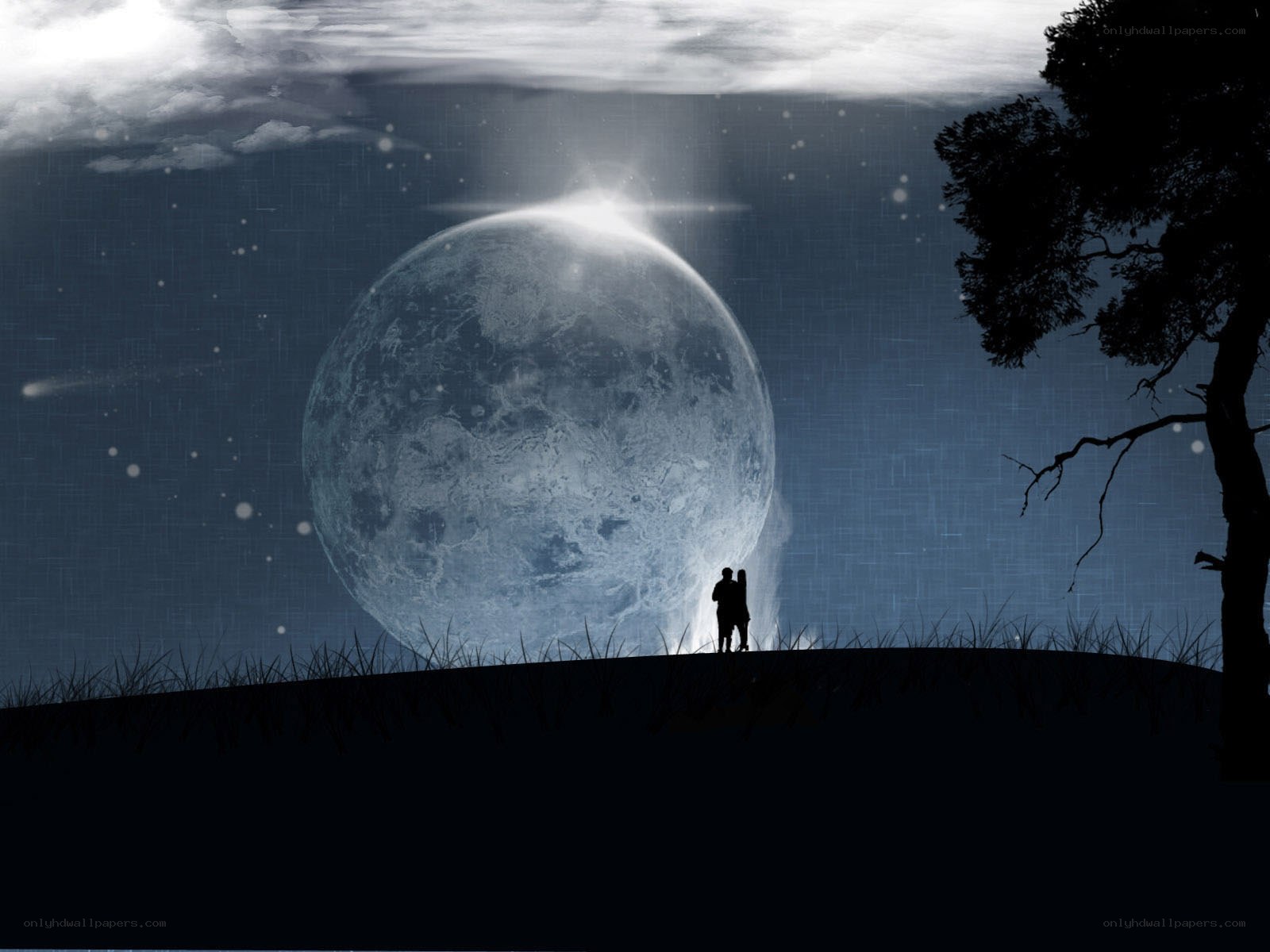 Couple under a giant moon