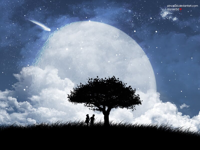Couple under a giant moon