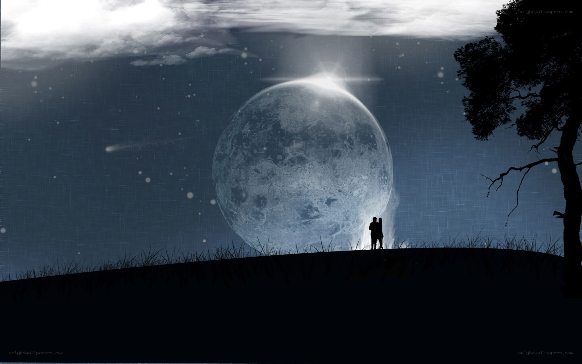 Couple under a giant moon