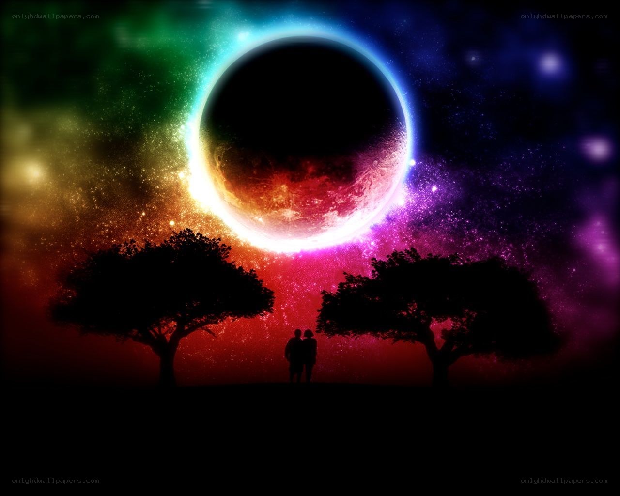 Couple under a rainbow eclipse