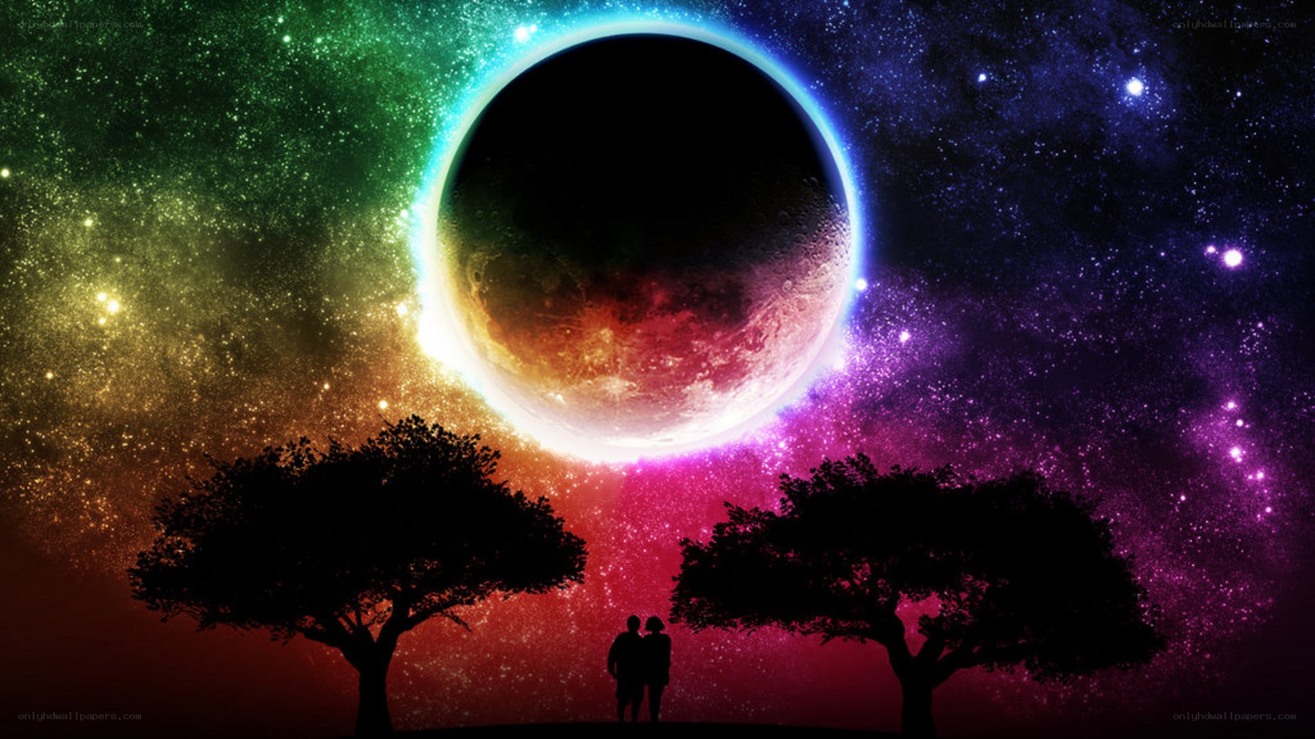 Couple under a rainbow eclipse