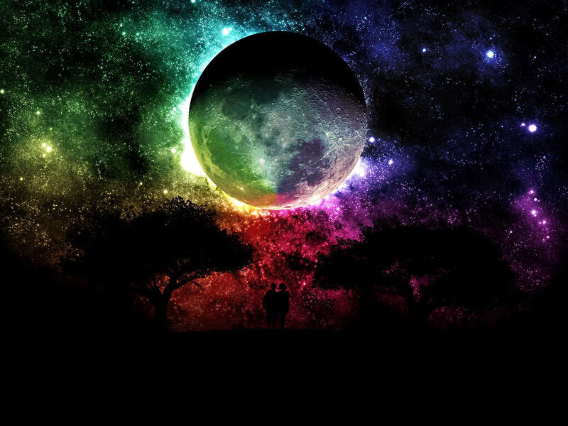 Couple under a rainbow moon