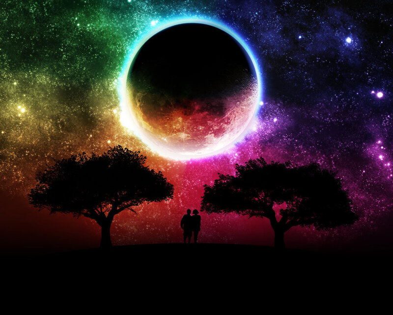 Couple under a rainbow planet
