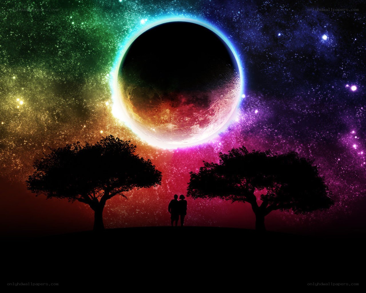 Couple under a rainbow planet
