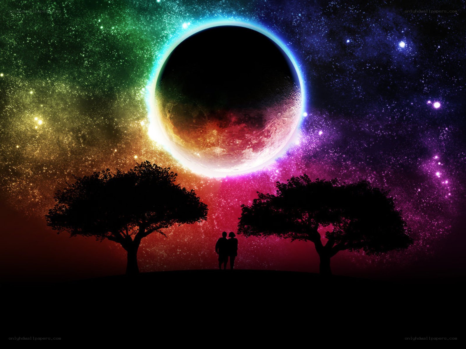 Couple under a rainbow planet