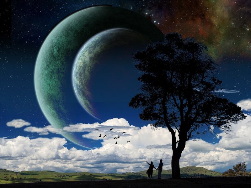 Couple under Alien Sky — Blue, Dramatic