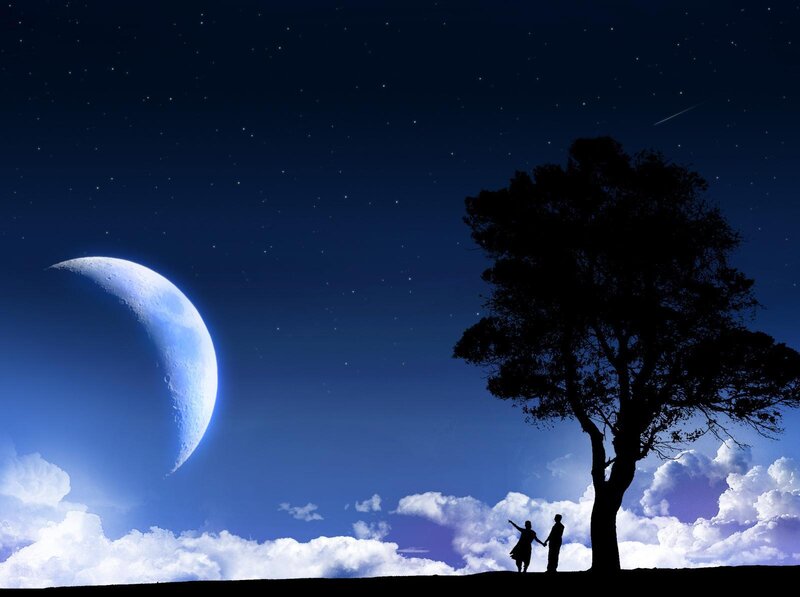 Couple under Moon — Blue, Serene, Night