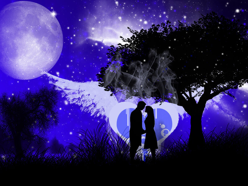 Couple under Moonlight — Purple, Romantic, Night, Digital Art