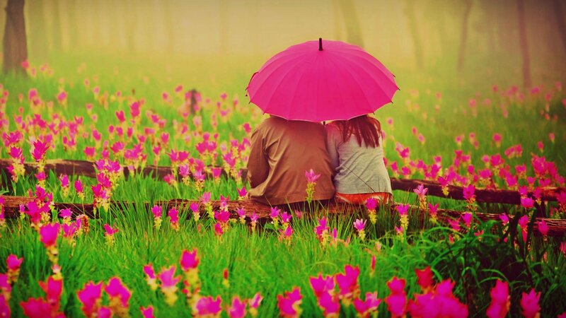 Couple under Pink Umbrella — Serene, Spring