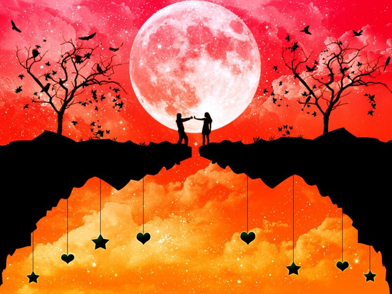 Couple under red moon