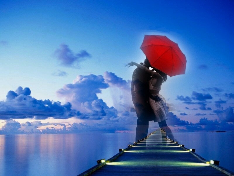 Couple under Red Umbrella — Blue