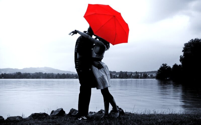 Couple under Red Umbrella — Romantic, Afternoon