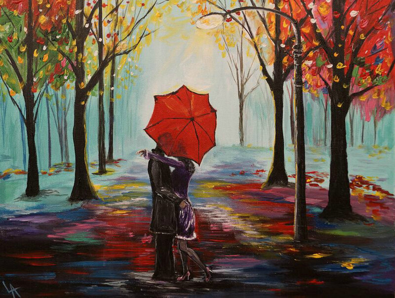 Couple under Red Umbrella — Romantic, Autumn