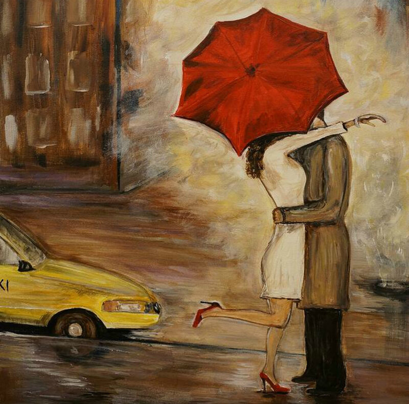 Couple under Red Umbrella — Romantic, Night, Painting