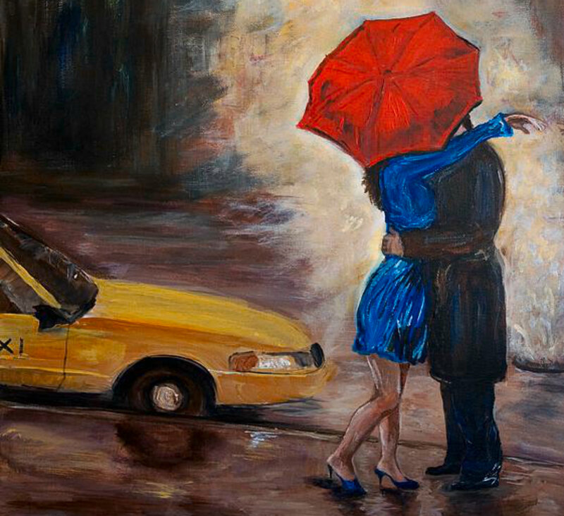 Couple under Red Umbrella — Romantic, Night