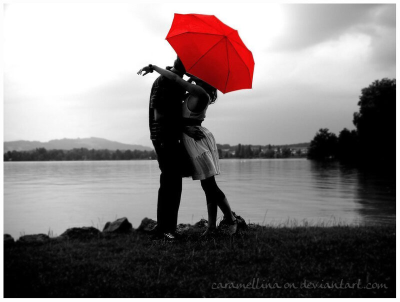Couple under Red Umbrella — Romantic, Photograph