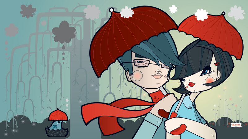 Couple under red umbrellas