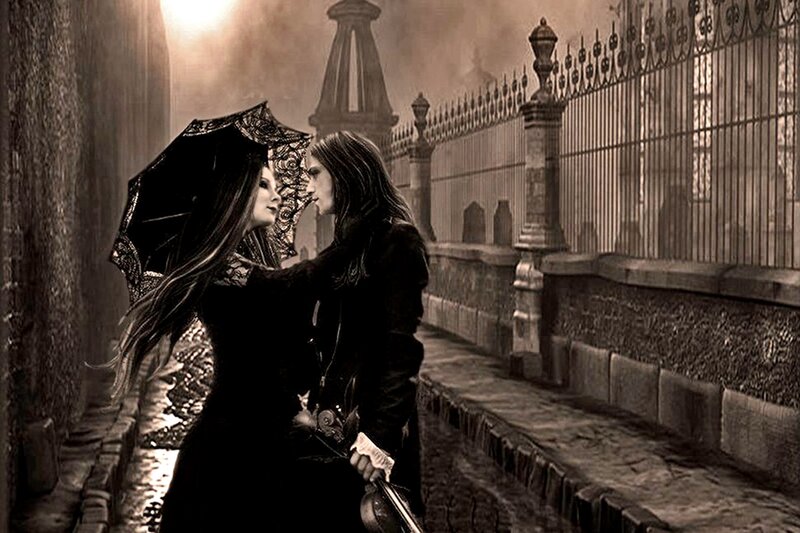 Couple under Umbrella — Black, Dramatic, Night, Photograph, Fence