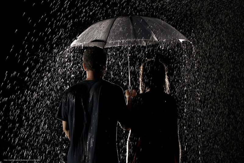 Couple under Umbrella — Black, Dramatic, Night, Photograph, Rain