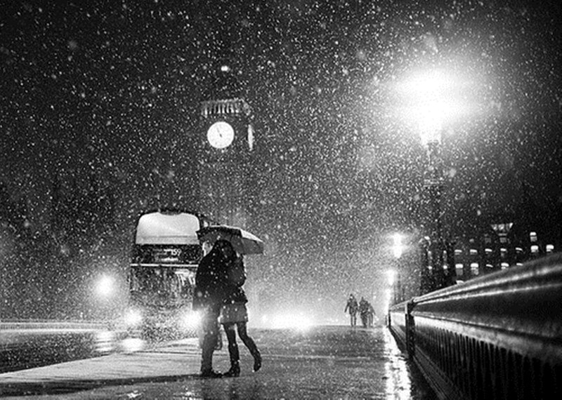 Couple under Umbrella — Black, Dramatic, Night, Photograph