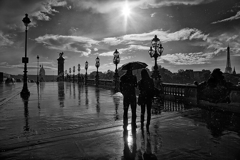 Couple under Umbrella — Black, Dramatic