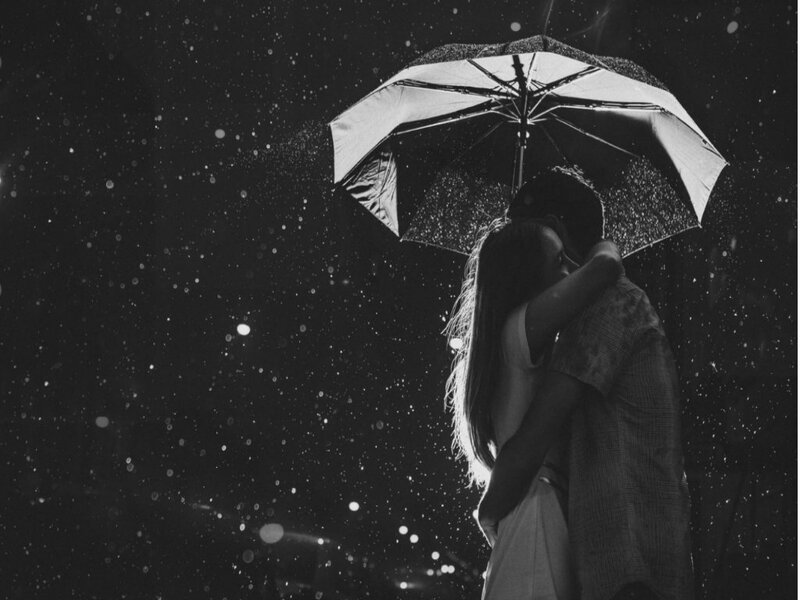 Couple under Umbrella — Black, Romantic, Night, Photograph