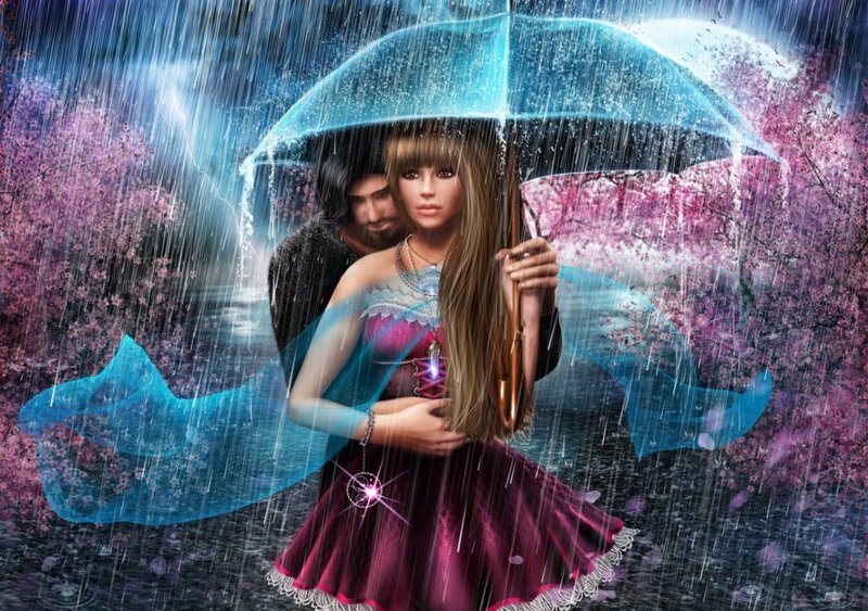 Couple under Umbrella — Blue, Dramatic, Night, Digital Art, Rain