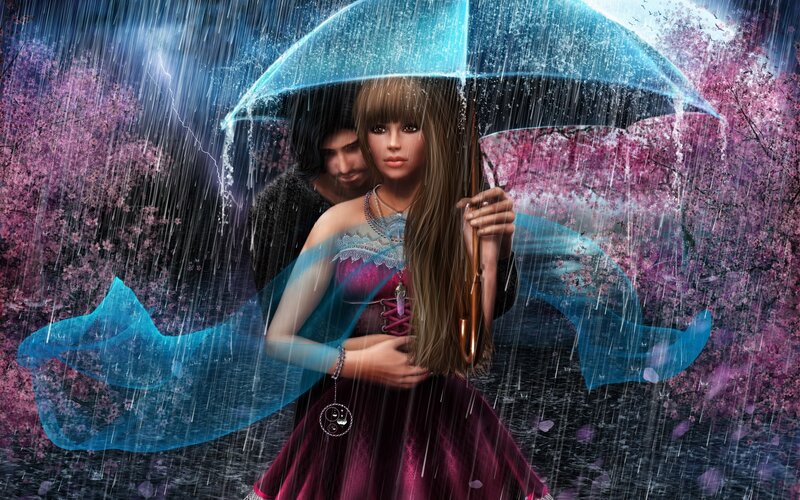 Couple under Umbrella — Blue, Dramatic, Night, Digital Art