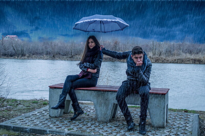Couple under Umbrella — Blue, Dramatic, Night