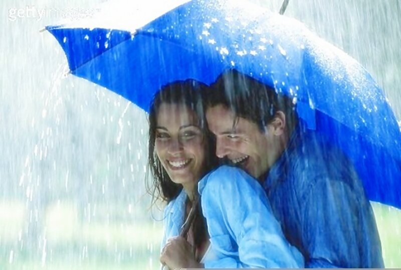 Couple under Umbrella — Blue, Happy