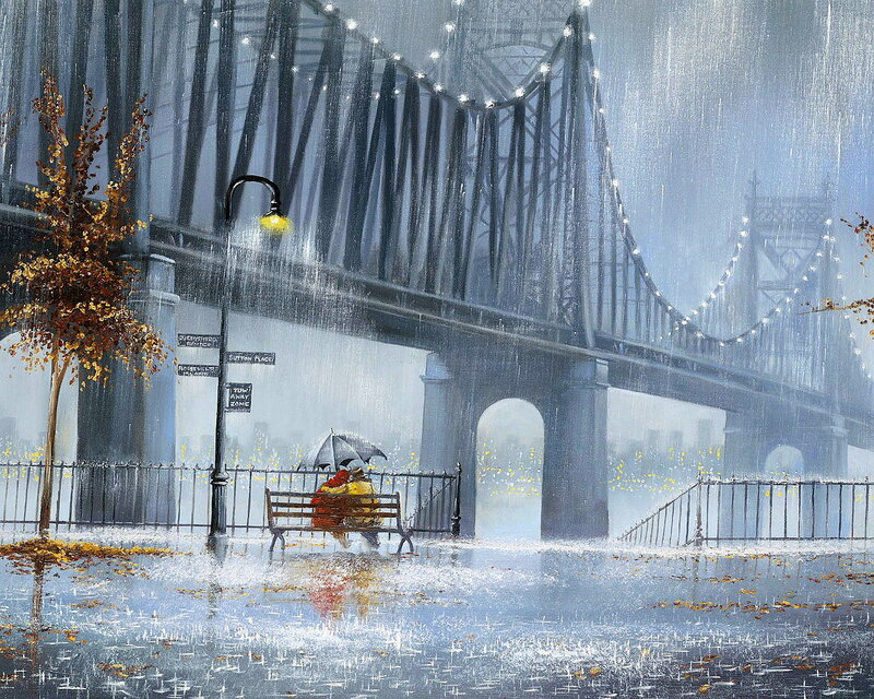 Couple under Umbrella — Blue, Rainy