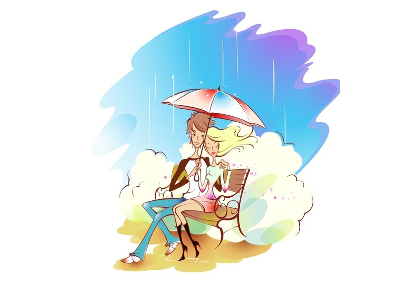 Couple under Umbrella — Blue, Romantic, Illustration