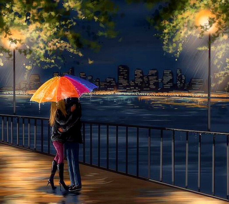 Couple under Umbrella — Blue, Romantic, Night, Digital Art