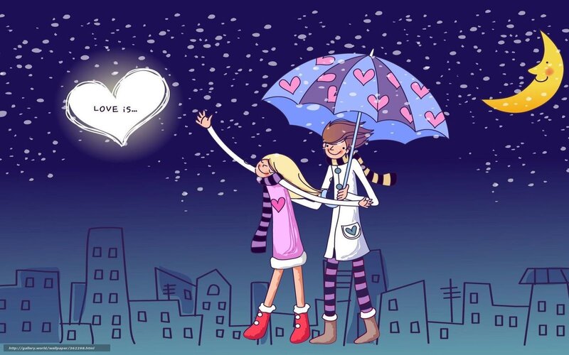 Couple under Umbrella — Blue, Romantic, Night, Illustration, Heart