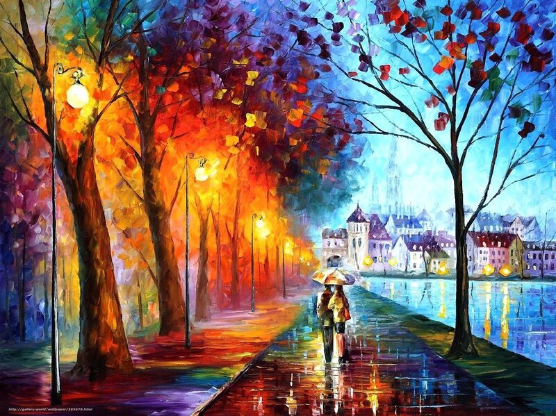 Couple under Umbrella — Blue, Romantic, Night, Painting