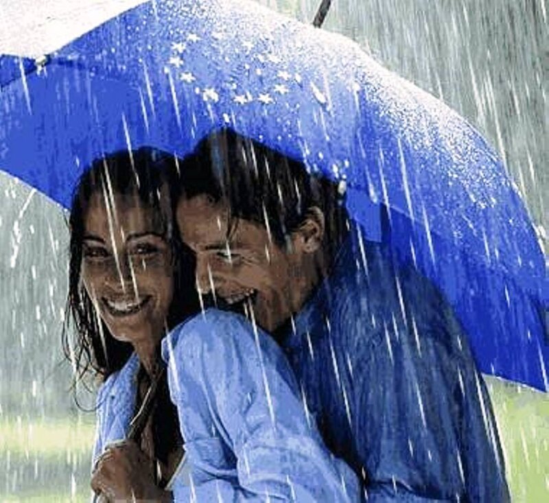 Couple under Umbrella — Blue, Romantic, Photograph
