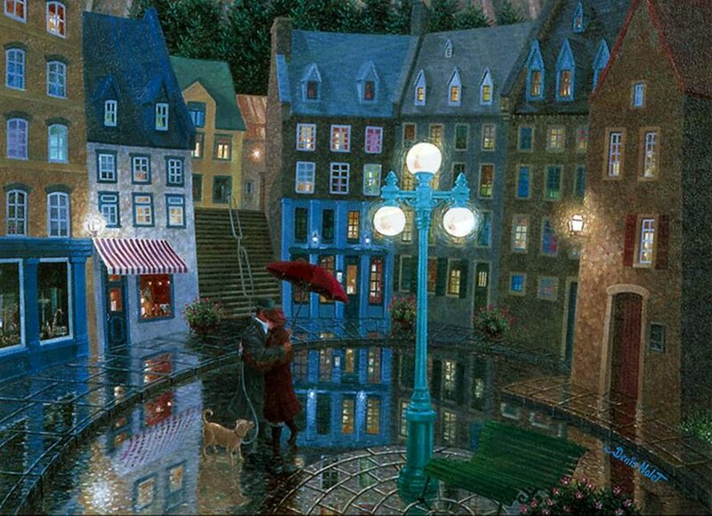 Couple under Umbrella — Blue, Romantic