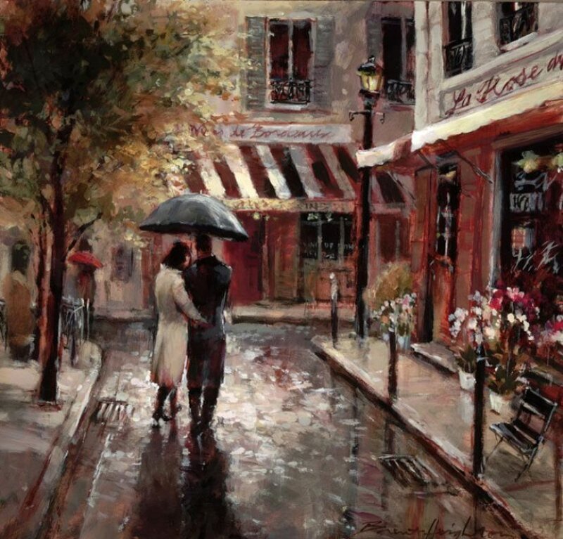 Couple under Umbrella — Brown, Romantic