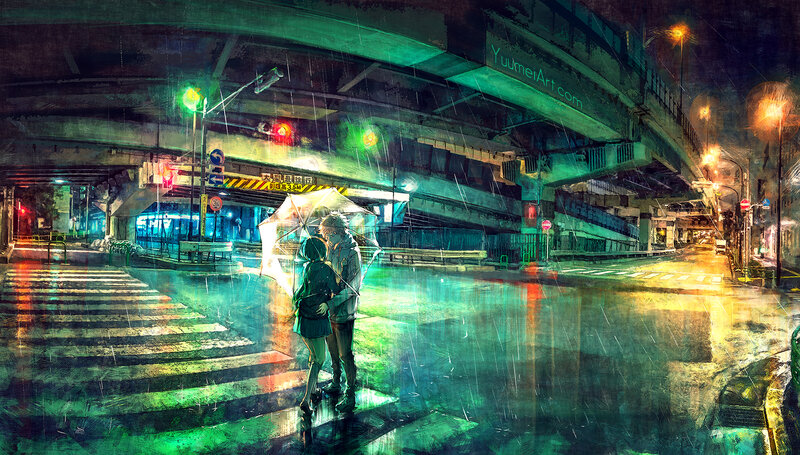 Couple under Umbrella — Green, Dramatic, Night